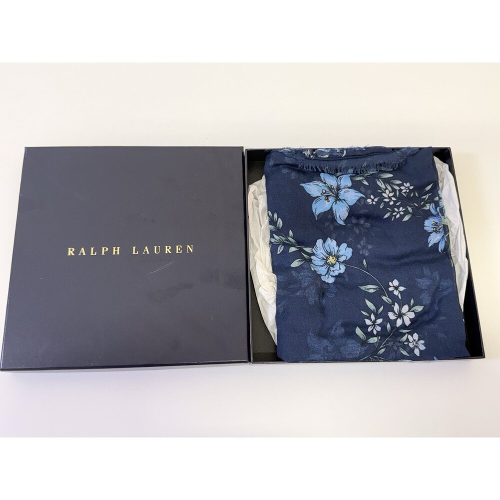 Lauren Ralph Lauren Floral Scarf Navy Blue 100% Polyester NWT w/ Box